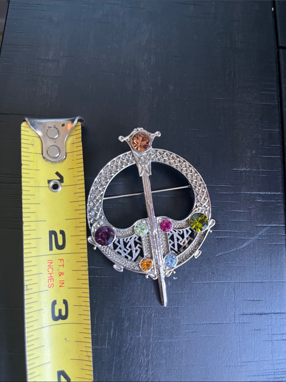 Silver Celtic Circle Brooch with Multicolor Crystals - Picture 4 of 4